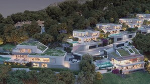 A modern residential complex with multiple houses, green roofs, and a swimming pool.