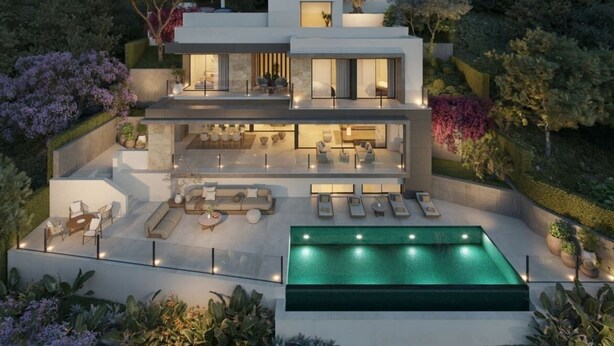 A modern two-story house with a swimming pool, outdoor seating, and a well-maintained garden.