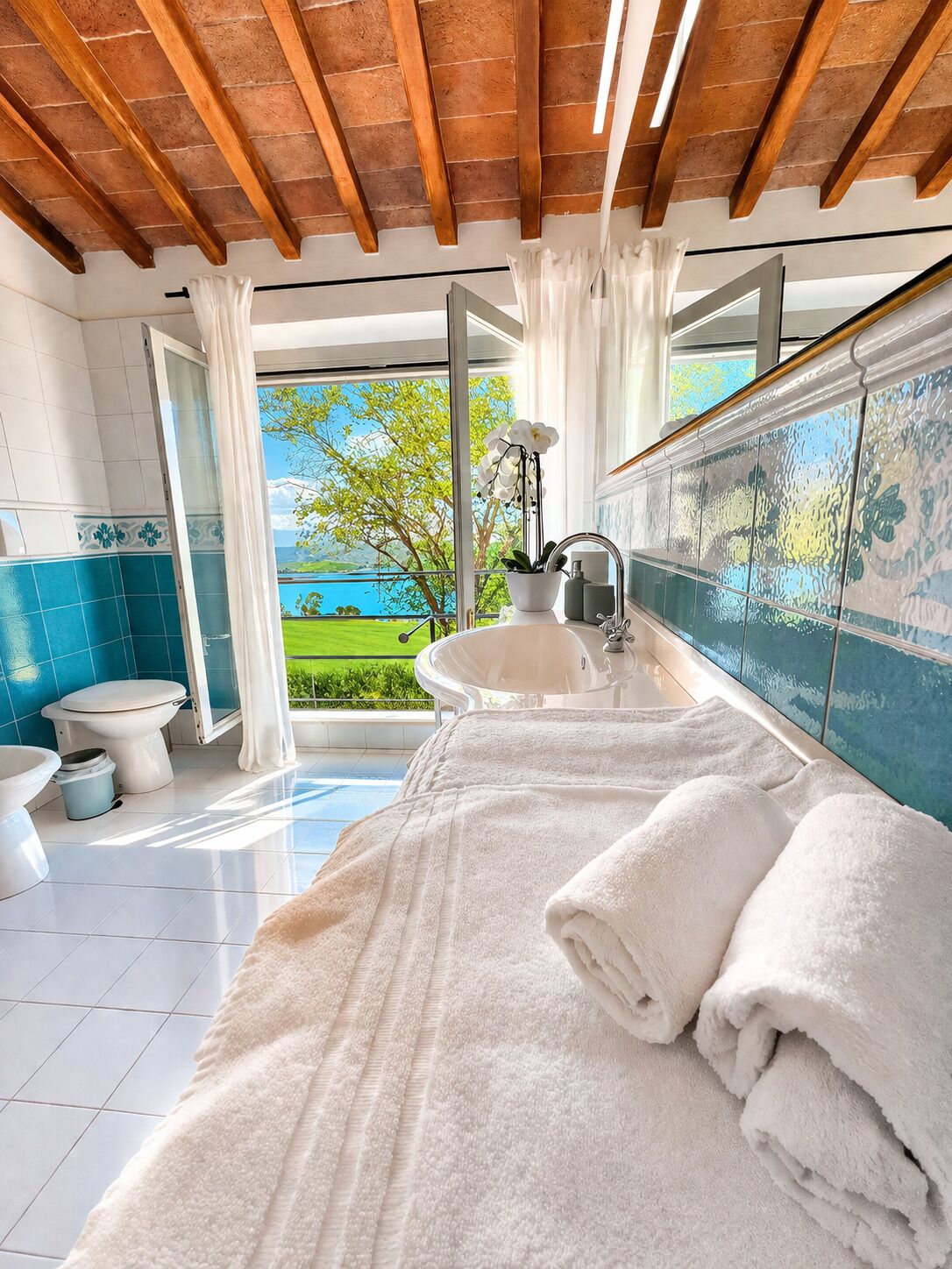 Shower, hair dryer, bidet, towels