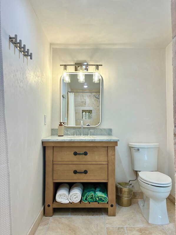 A bathroom with a marble sink, wooden vanity, a mirror, a shower, and a toilet. - Charming 1-bedroom lodge in peaceful Carmel Valley w/ Hot Tub and backyard (Carmel Valley)
