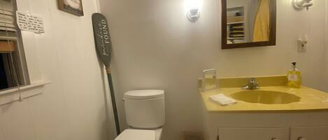 Une salle de bain avec des toilettes, un lavabo, un miroir et une planche de paddle qui est appuyée contre le mur.