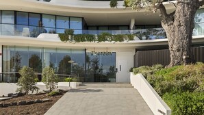 A modern building with a glass facade, a tree, and a pathway leading to the entrance.