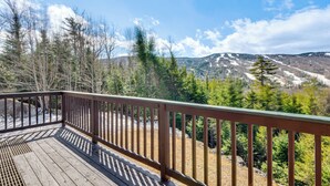 Una terraza de madera con barandilla metálica que da a un paisaje montañoso con árboles y cielo despejado.