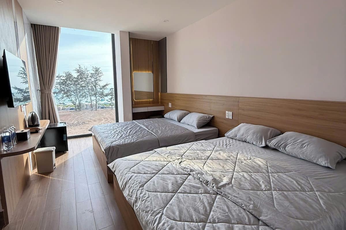 Habitación de hotel con dos camas, un escritorio con televisor, un espejo y vista al exterior.