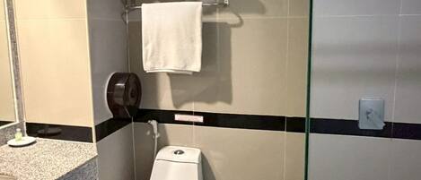 A bathroom with a toilet, a glass shower enclosure, and a towel rack with two towels.