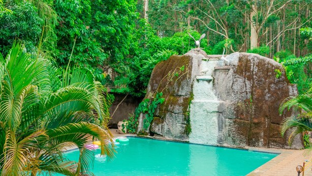 A pool with a waterfall feature, surrounded by lush greenery and a rocky structure. - Nalipiri eco resort  (Mulanje)