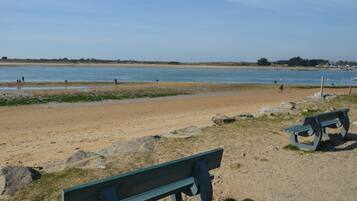 Une plage avec du sable, de l’eau et deux bancs.