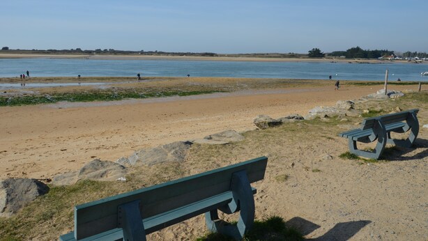 A beach with sand, water, and two benches. - LA PETITE MAISON DE KERTHOMAS - CLASS 3* GÎTE (plumergat)