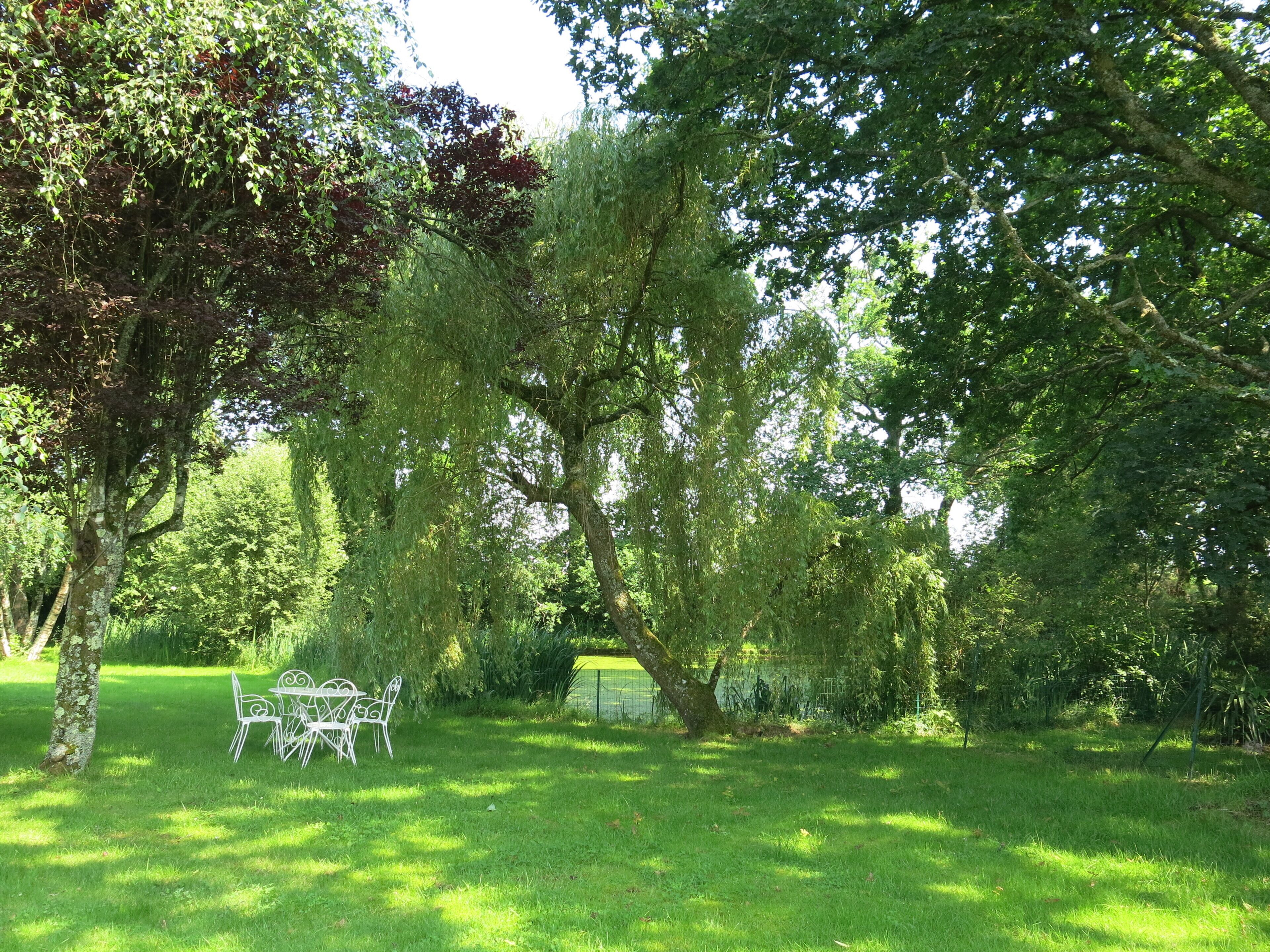 Un parc avec des arbres, une pelouse et une table en métal avec des chaises.