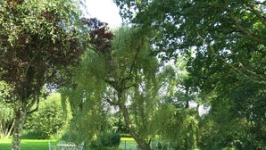 A park with trees, a grassy area, and a metal table with chairs. - LA PETITE MAISON DE KERTHOMAS - CLASS 3* GÎTE (plumergat)