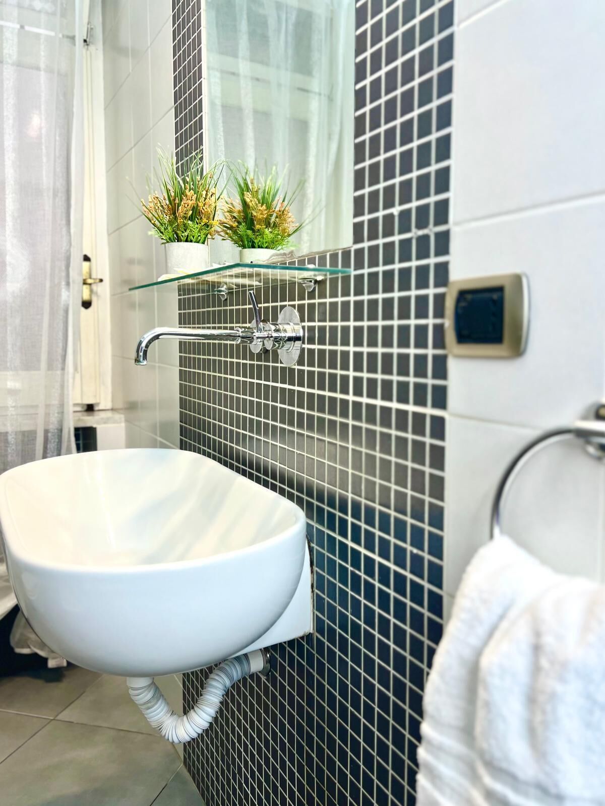 A bathroom with a white sink, a glass shelf with plants, a shower area, and a towel rack.
