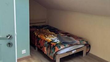 A small room with a single bed, a skylight, and a door.