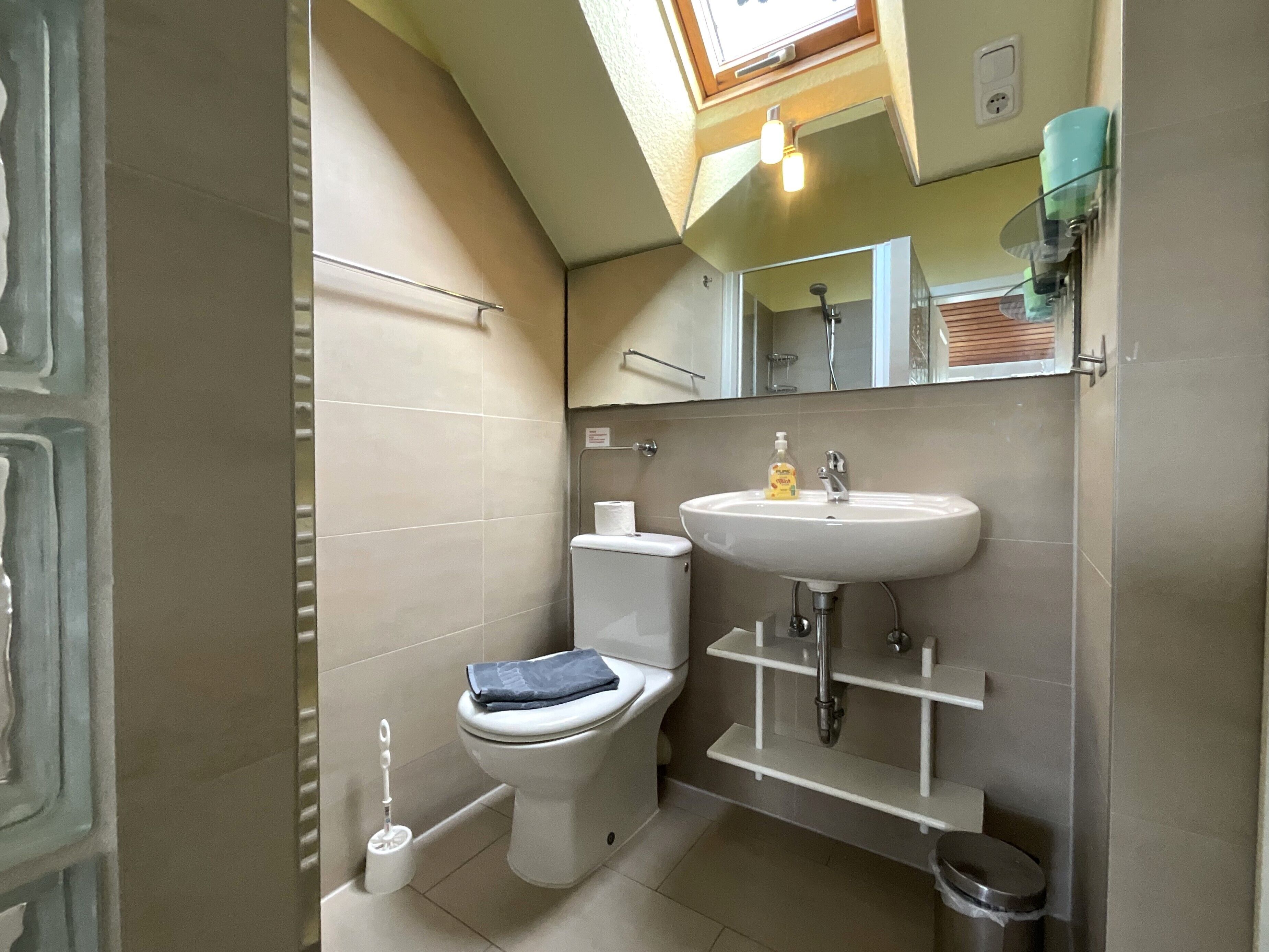 Un baño con inodoro, lavamanos y ducha.