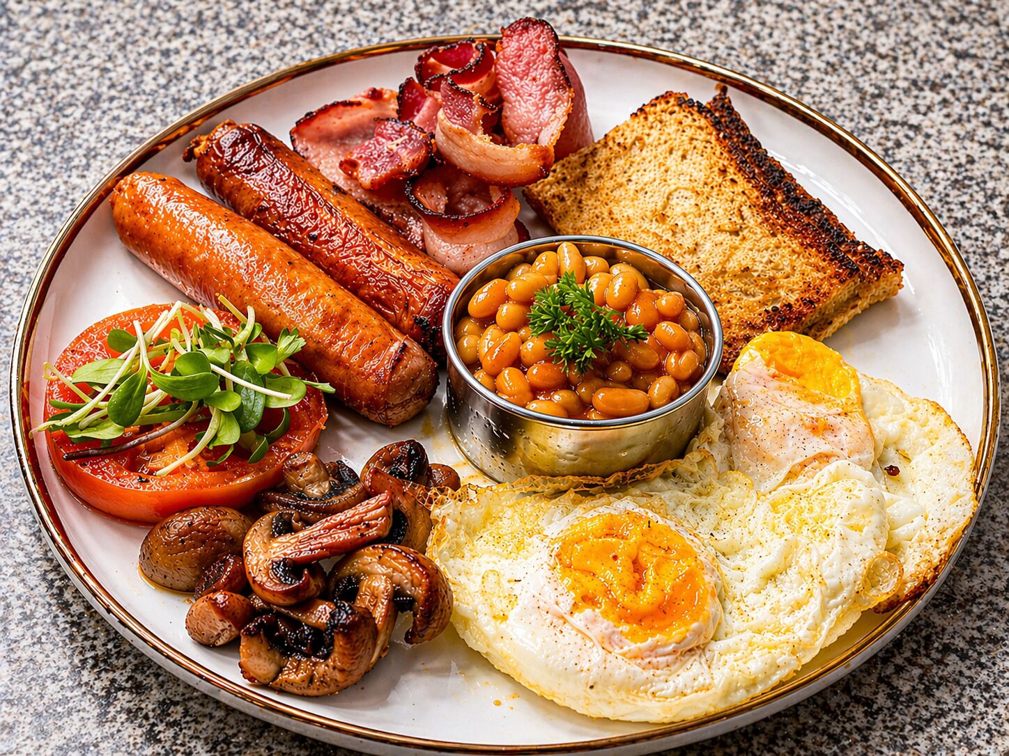 Une assiette de nourriture pour le petit-déjeuner comprenant des saucisses, du bacon, des œufs, des toasts, des haricots et des champignons.