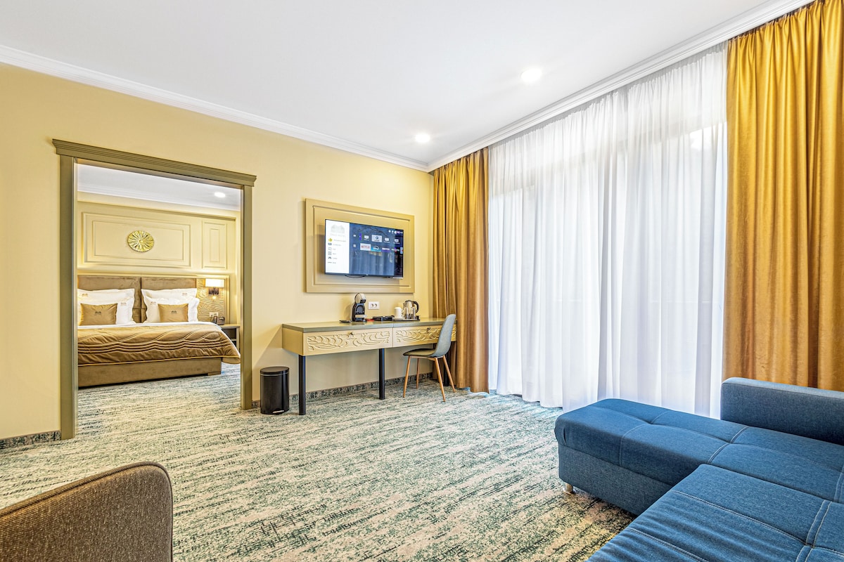 Une chambre d’hôtel avec un lit, un bureau, une télévision et un canapé.