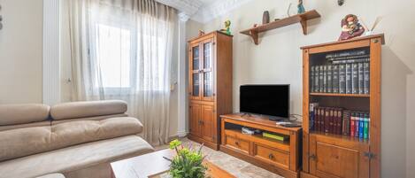 A living room with a sofa, a coffee table with a plant, a television, wooden cabinets, and bookshelves.