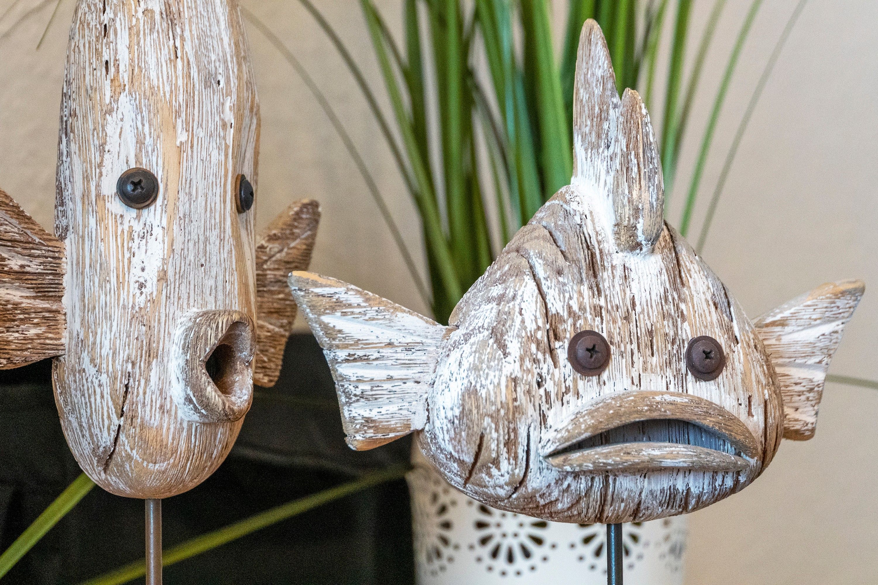Deux décorations rustiques en forme de poisson, dotées d’yeux en métal, avec une plante en arrière-plan.