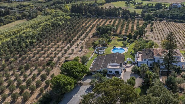 An aerial view of a residential area with a swimming pool, houses, and agricultural fields. - Jardim do Sul Apt 6 (Olhao)