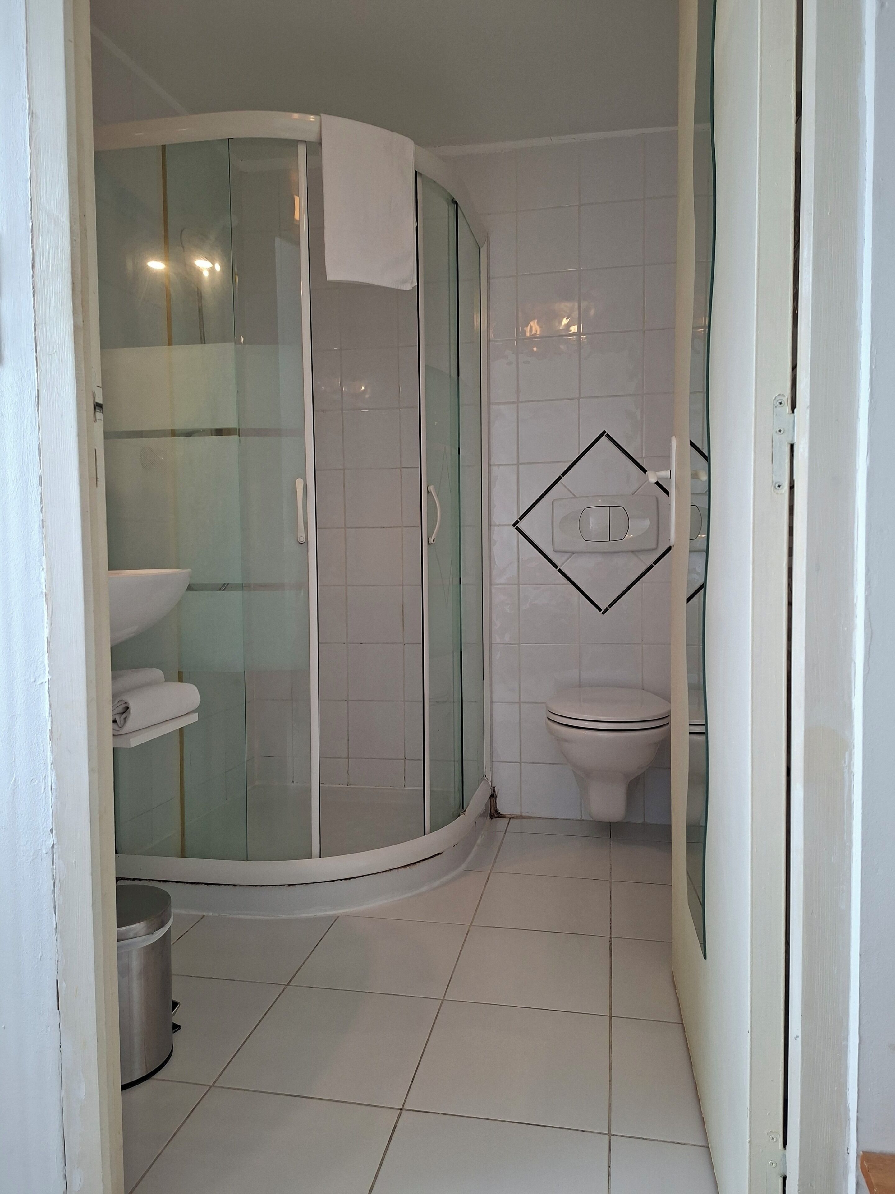 Een badkamer met een douchecabine van glas, een wit wastafel en een toilet.