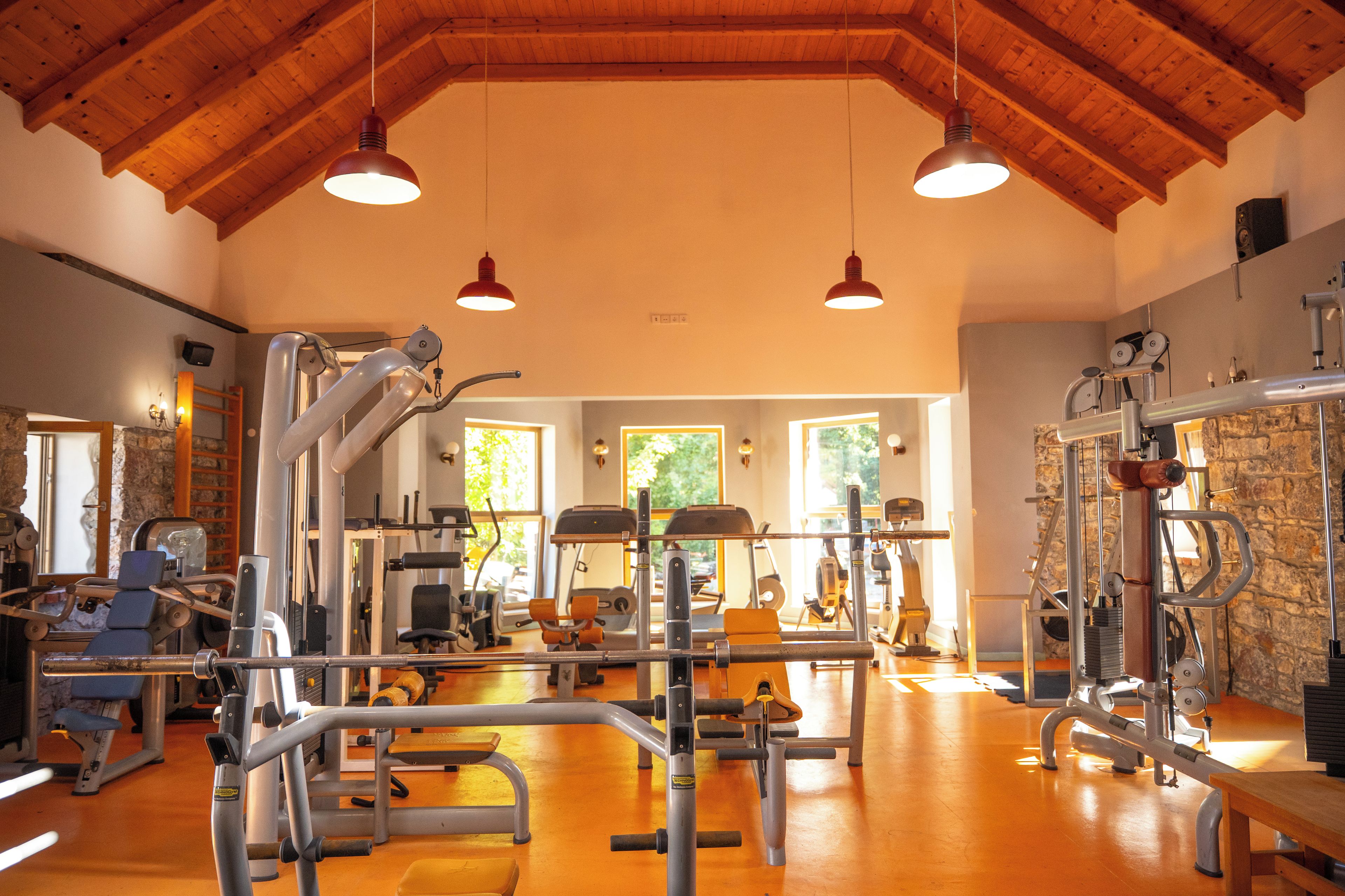 Un gimnasio con diversos equipos de ejercicio, vigas de madera en el techo y grandes ventanales que dejan entrar luz natural.