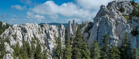A mountainous landscape with rocky formations and dense forest.