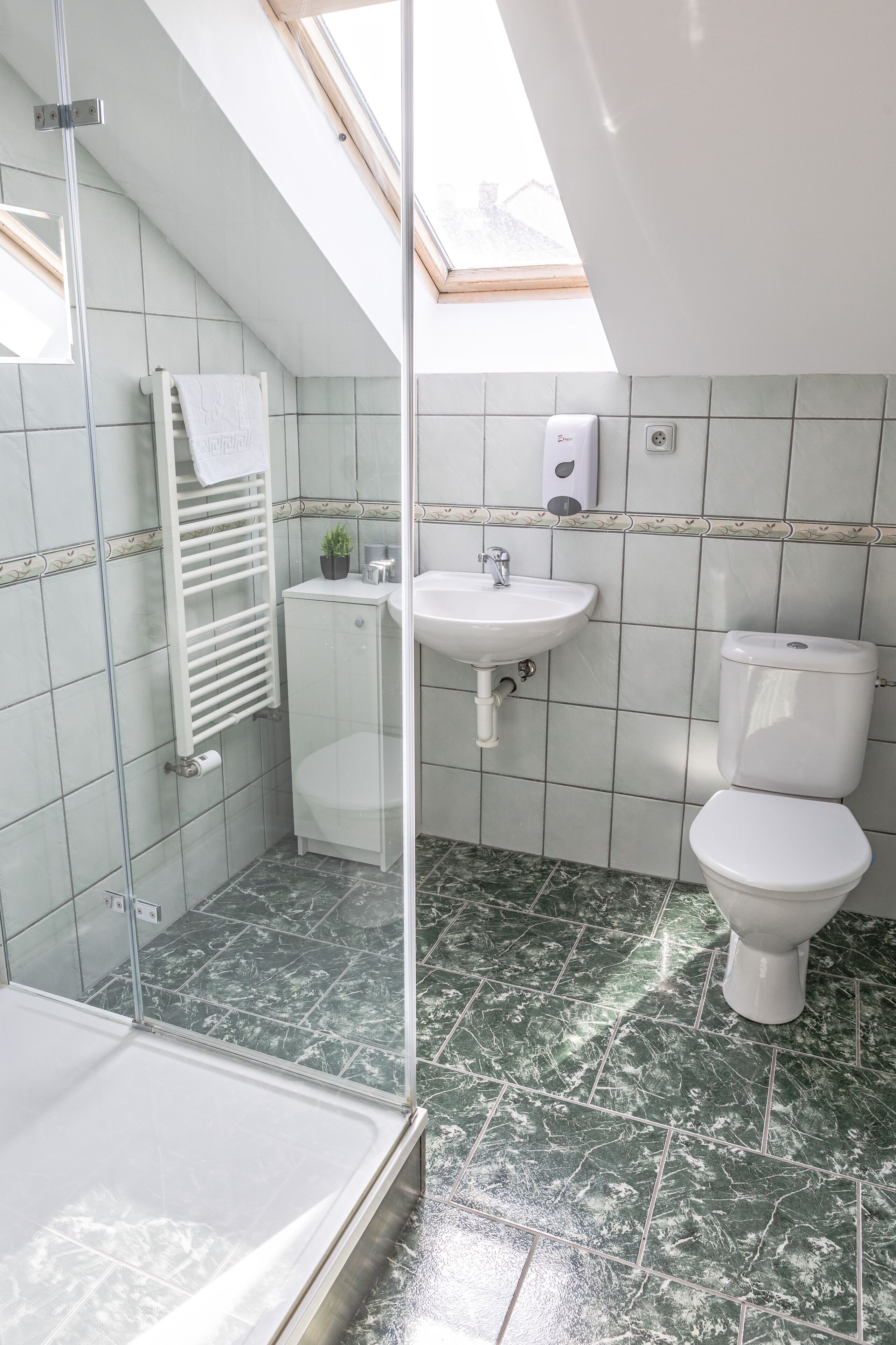 Un bagno con finestra a lucernario, doccia, WC e lavandino.