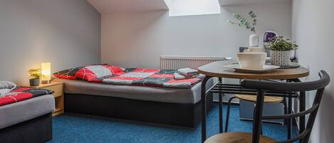 Habitación pequeña con tragaluz, una cama con colcha estampada, una mesita con una planta y una silla.