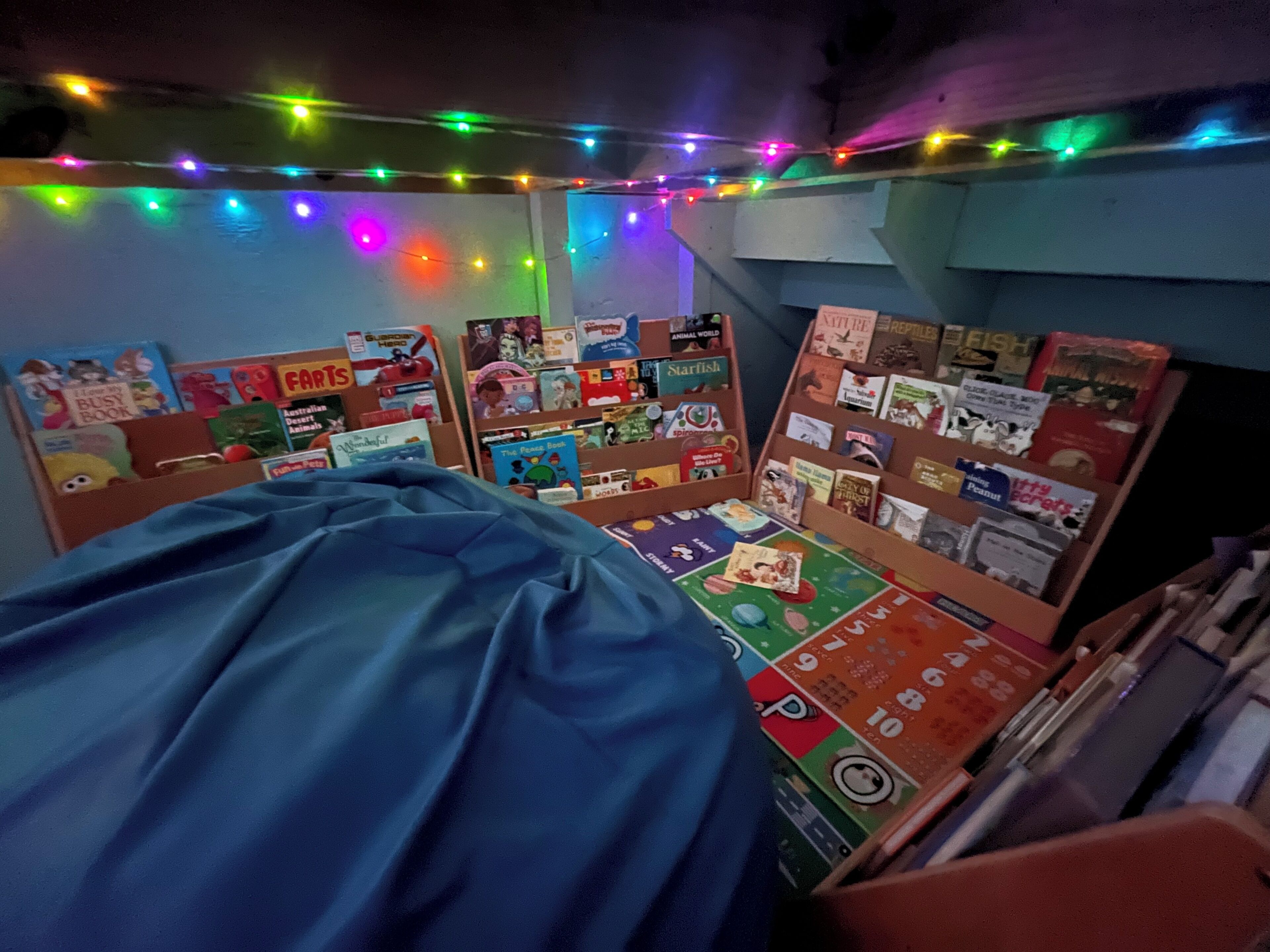 Una habitación con una cama, un tablón de anuncios con varios libros infantiles y luces colgantes en el techo.