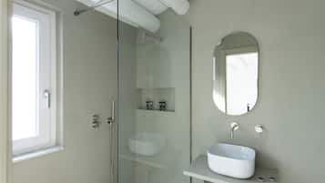 A modern bathroom with a glass shower enclosure, a white sink, and a mirror on the wall.