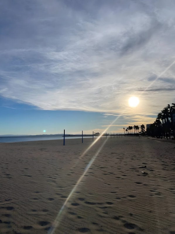 Ein Strand mit blauem Himmel, Sonnenuntergang und Palmen.