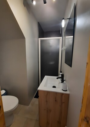 Un bagno piccolo con un lavandino bianco, uno specchio e un water.