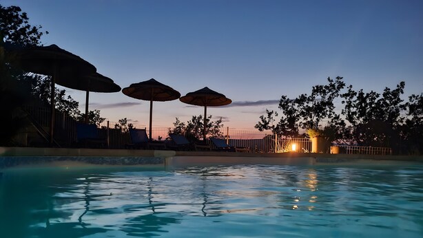 Ein Swimmingpool mit Sonnenschirmen und Liegestühlen, umgeben von Bäumen und einem Zaun.