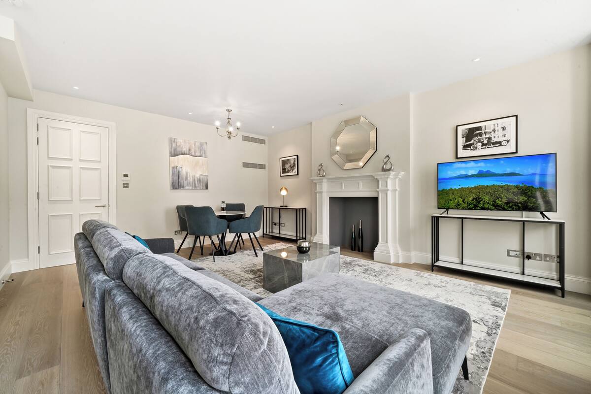 A modern living room with a grey sofa, a fireplace, a TV, and a dining area.