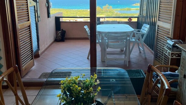 Ein Zimmer mit Glastisch, Stühlen, einer Zimmerpflanze und Meerblick.