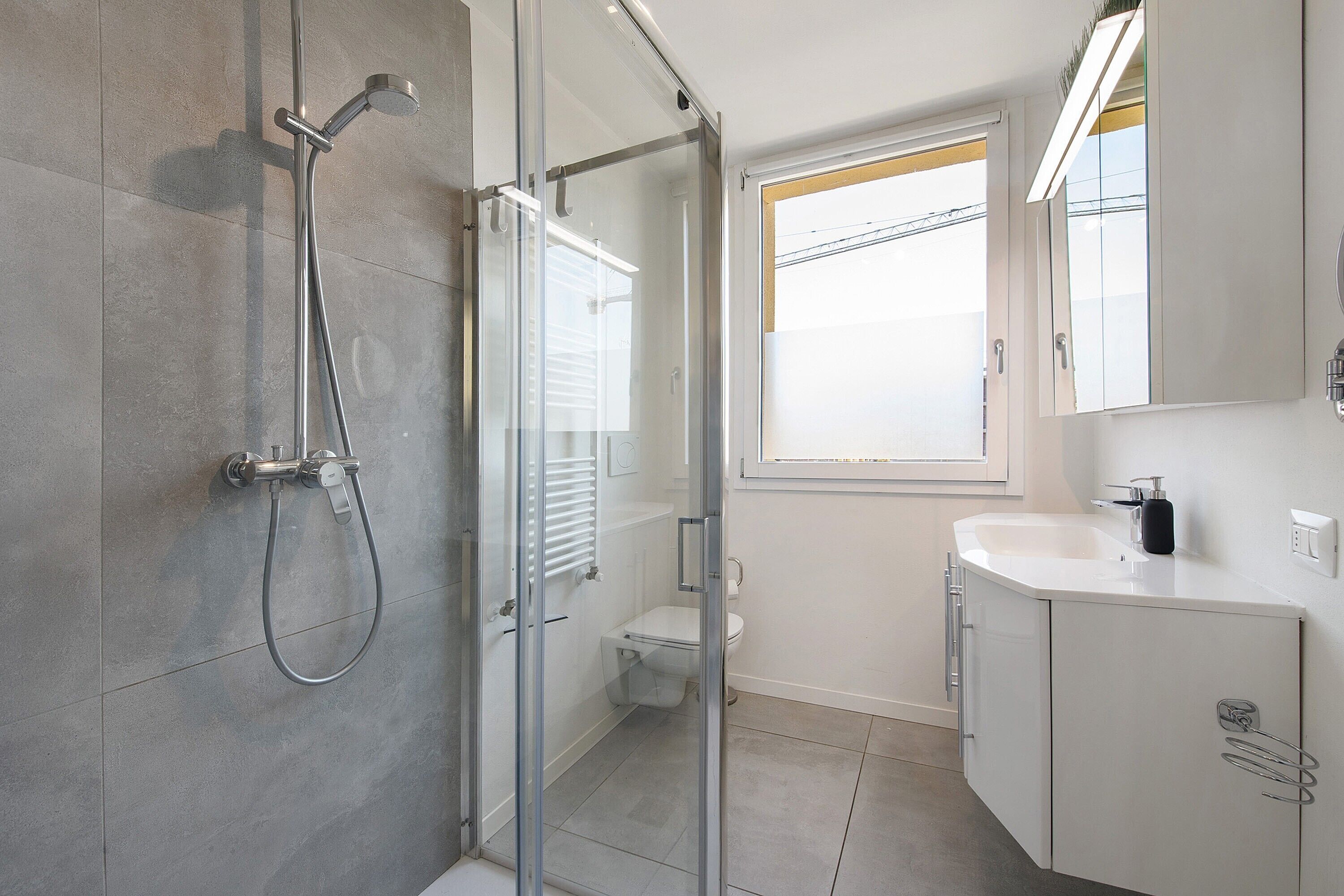 A modern bathroom with a glass shower enclosure, a white sink, and a toilet.