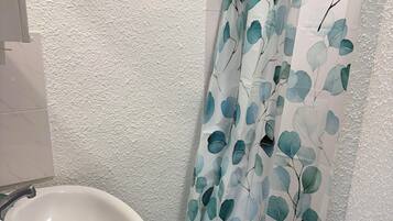 Shower, hair dryer, soap, toilet paper