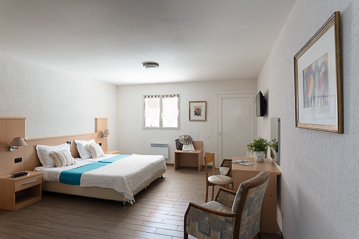 Una habitación de hotel con cama, mesita de noche, silla, escritorio y una pequeña mesa con una planta.