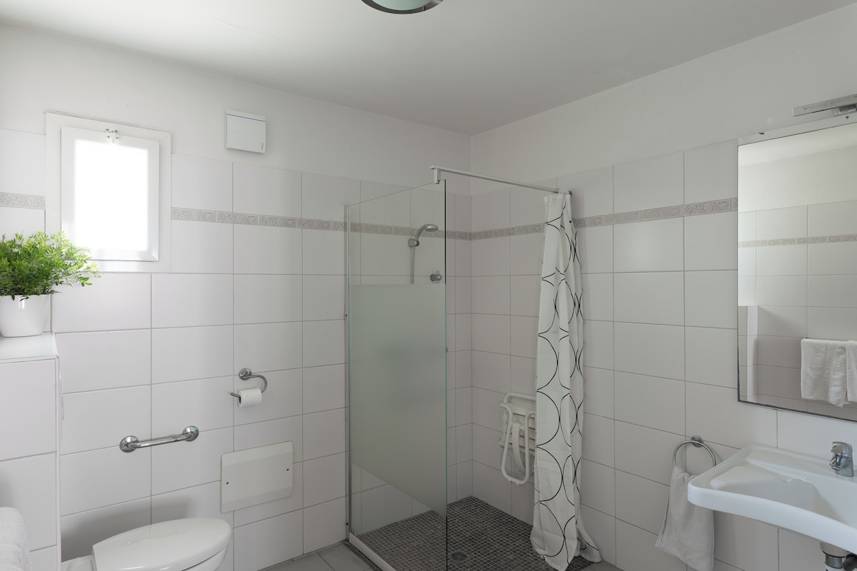 Un baño con ducha envuelta en vidrio, inodoro, lavamanos y una planta en maceta.
