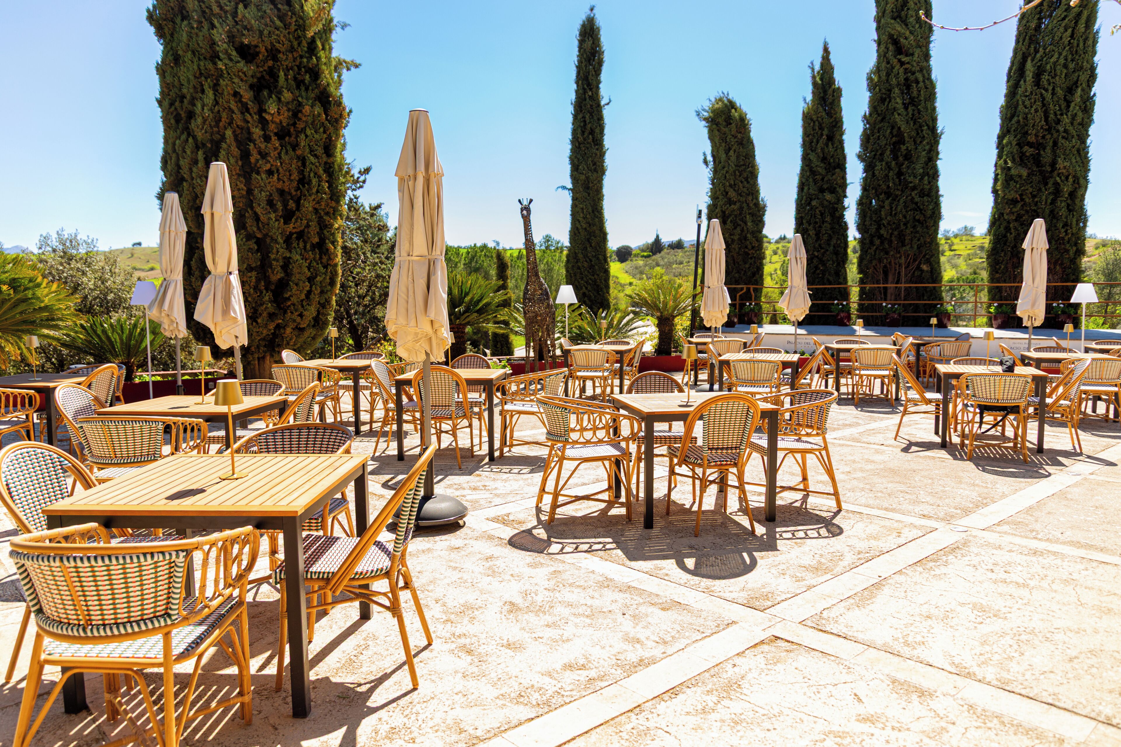 An outdoor seating area with wicker tables and chairs, umbrellas, and tall cypress trees in the background.