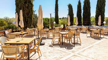 An outdoor seating area with wicker tables and chairs, umbrellas, and tall cypress trees in the background.