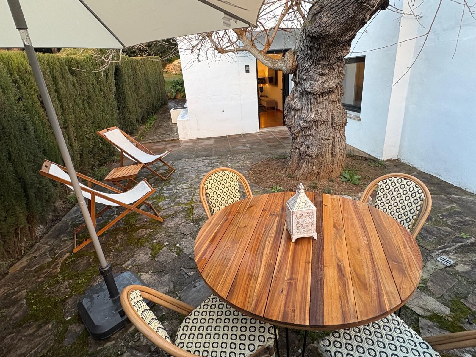 An outdoor patio with a round wooden table, four patterned chairs, and a tree.