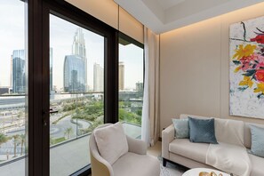 Deluxe Apartment, 2 Bedrooms, Balcony, City View | Living area - Address Opera - Mint Stay (Dubai)