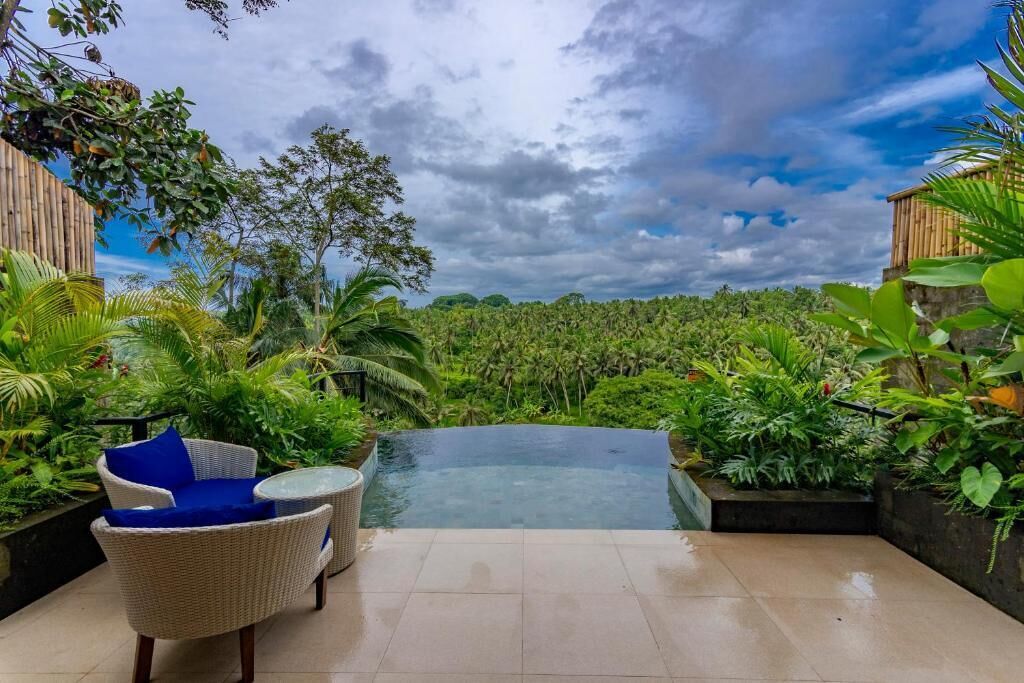 Ein Infinity-Pool mit üppiger Bepflanzung und blauem Himmel.