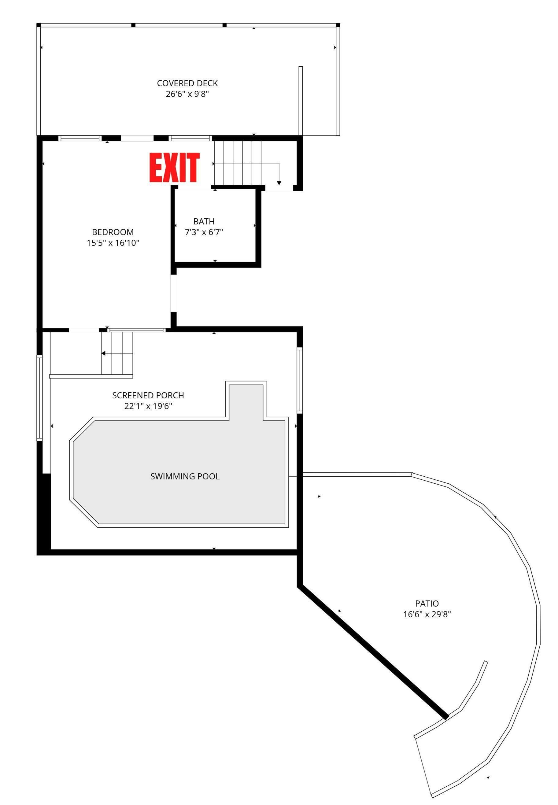 A covered deck, bedroom, bathroom, screened porch, swimming pool, and patio.