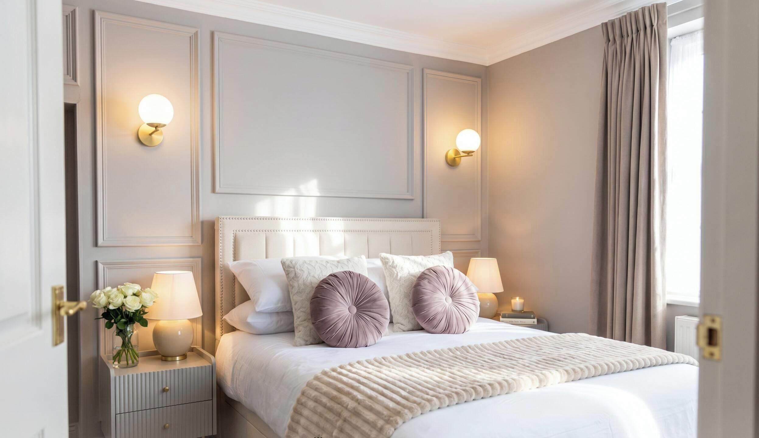 Un dormitorio de hotel con una cama grande, dos lámparas de noche, una mesita de noche con un florero y una ventana con cortinas.