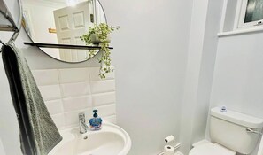 A bathroom with a white sink, a mirror, a toilet, and a potted plant. - 5 Bed|Families|Relocation|Quick Access to Centre (Whitehall)