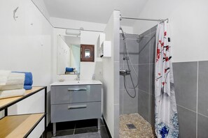 Shower, hair dryer, towels