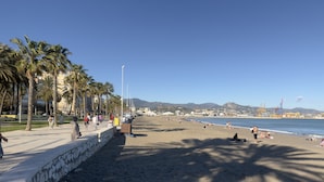 Una playa con palmeras, un muro de piedra y cielo despejado.