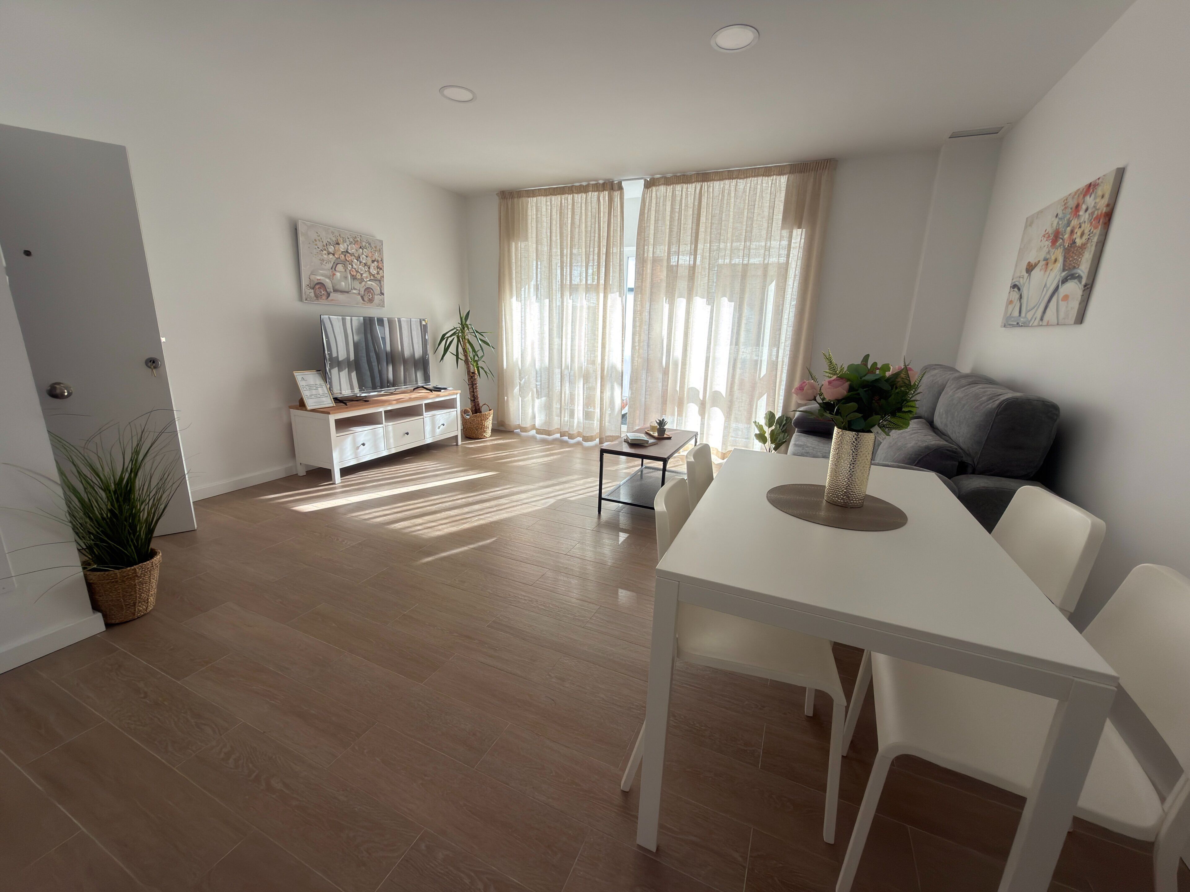 Een moderne woonkamer met een eethoek, een bank, een tv op een meubel en een plant.