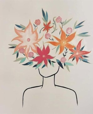 A stylized human figure with a floral arrangement on the head.